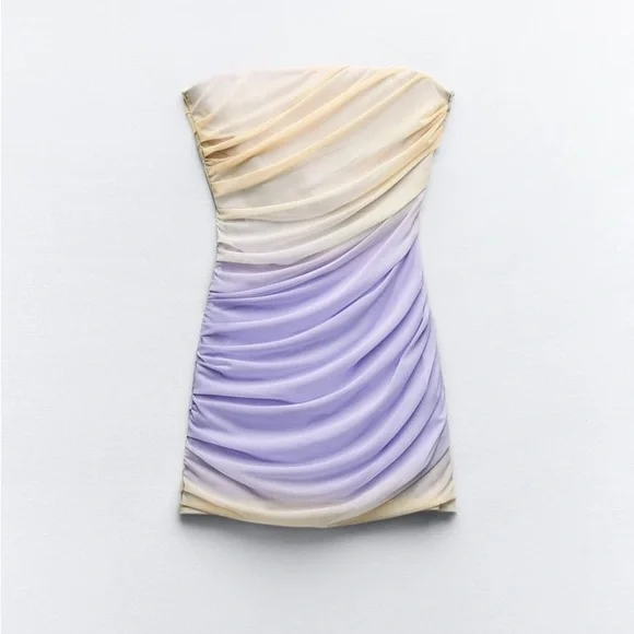 Zara Lilac & Beige Ruched Draped Mesh Mini Dress - Picture 8 of 15